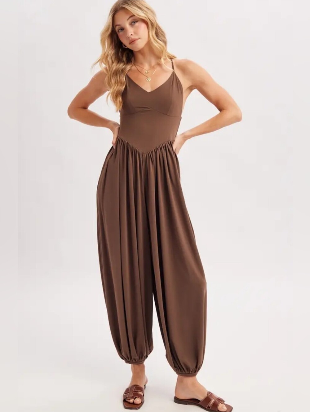 Bluivy Brown Spaghetti-Strap Harem Jumpsuit